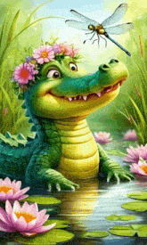 a painting of a crocodile wearing a flower crown and a dragonfly