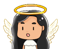 a cartoon angel with black hair and wings has a halo on her head