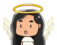 a cartoon angel with black hair and wings has a halo on her head