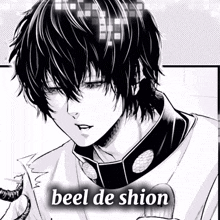 a black and white drawing of a man with the words " beel de shion " on the bottom