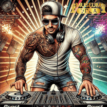 an illustration of a tattooed man playing music with the words museum of media in the background