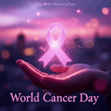 a person holding a pink ribbon with the words world cancer day below it