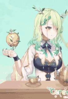 a girl with green hair and antlers is sitting at a table with a cup of tea and an apple .