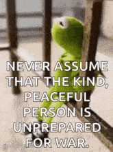 kermit the frog from the muppet show is sitting on a railing with a quote .