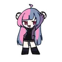 a cartoon girl with pink and blue hair is standing with her hands in the air