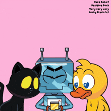 a cartoon drawing of a black cat a yellow duck and a blue robot