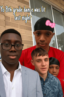 a group of young men are posing for a picture with a caption that says yo 8th grade dance was lit last night