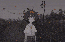 a girl with a flower in her hair is standing in front of a street light