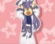 a cartoon character with purple hair is standing in front of pink stars .