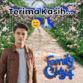 a man in a brown jacket stands in front of a sign that says " family city 4 "
