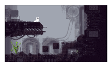 a pixel art drawing of a building with a white cat on top
