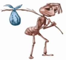 a cartoon ant carrying a bag and a stick