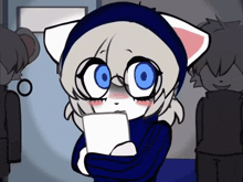 a cartoon drawing of a cat with blue eyes holding a piece of paper