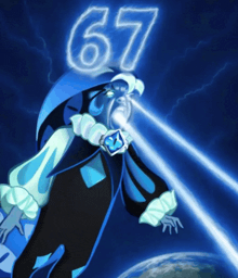 a cartoon character with the number 67 on his hat