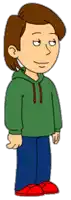 a cartoon character wearing a green hoodie and blue pants