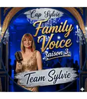 a woman in a gold dress is holding a microphone with the words cap sylvie family voice saison 3 team sylvie