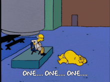 a cartoon of homer simpson sitting on a bench with the words " one ... one ... one ... "