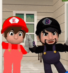 two cartoon characters are standing next to each other and one has a letter b on his hat