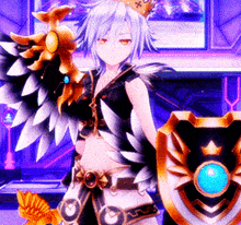 a girl with wings is holding a shield and a sword