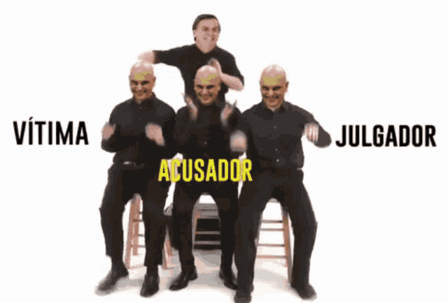 a group of men are dancing with the words victima acusador and julgador written on the bottom