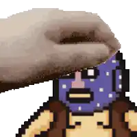 a pixel art of a hand putting a mask on a cartoon character