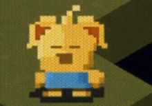 a pixel art of a dog wearing a blue shirt and black pants