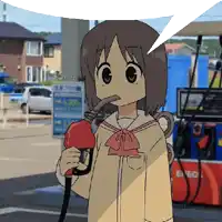 a cartoon of a girl holding a gas pump in front of an eneos gas pump