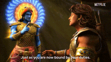 a cartoon of a man standing next to a statue of a god .