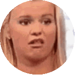 a close up of a woman 's face in a circle on a white background .