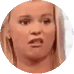 a close up of a woman 's face in a circle on a white background .