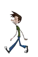 a cartoon man in a green shirt and blue jeans is walking on a white background