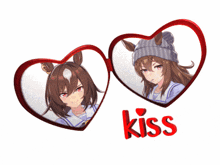 a picture of two anime girls in heart shaped frames with the word kiss below them