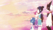 a group of anime characters standing next to each other in front of a pink sky