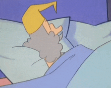 a cartoon of a man with a hat and beard laying in bed
