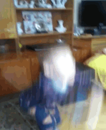 a blurry picture of a person sitting in front of a shelf