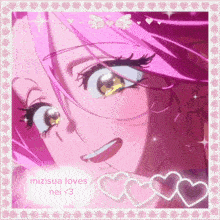 a picture of a girl with hearts around her and the words mizusua loves nei < 3