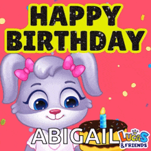 a birthday card for abigail lucas and friends with a bunny holding a cake