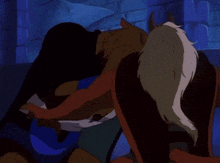a cartoon character with horns and a white tail is hugging another character