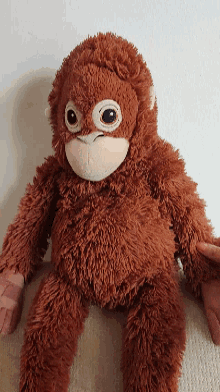 a person is holding a brown stuffed monkey