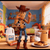 woody from toy story is standing in front of a milk carton and a bag of murk no packed waffles