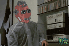 a drawing of a man with a robot head standing in front of a stack of cds
