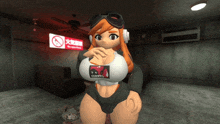 a cartoon character is standing in a room with a no smoking sign behind her