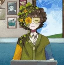a cartoon character with a flower crown on his head