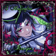 a picture of a girl holding a sword with the words " try my recipe boy " on it