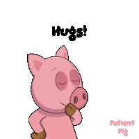 a cartoon pig blowing a kiss with the words hugs behind it
