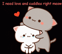 a cartoon of two cats hugging each other with the words " i need love and cuddles right meow " above them