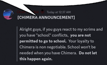 a speech bubble says today at 12:37 am chimera announcement