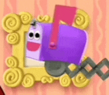 a purple mailbox with a red envelope in a yellow frame .
