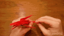 a person is making an origami bird with the words made in animotica behind them