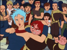 a group of cartoon characters are standing in a crowd and one of them has a blue hair
